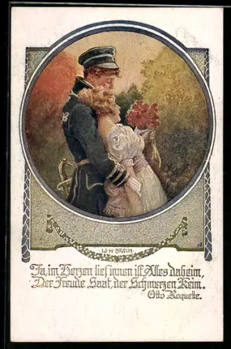 Künstler-AK W. Braun, Deutscher Schulverein Nr. 1199: Junger Soldat hält seine Frau im Arm