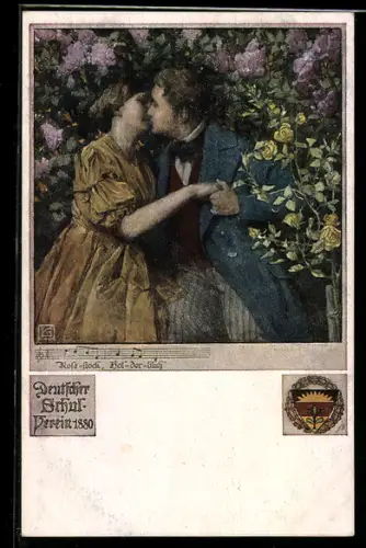 Künstler-AK Karl Friedrich Gsur: Deutscher Schulverein NR 460: Küssendes Pärchen in den Blumen
