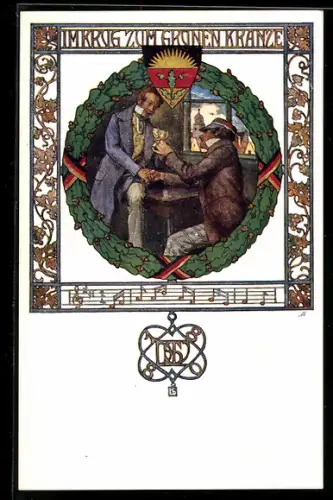 AK Deutscher Schulverein Nr.64, Deutsche Lieder Nr.10: Im Krug zum grünen Kranze, Männer im Wirtshaus
