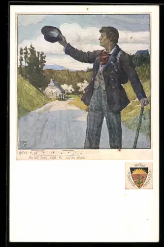 Künstler-AK Karl Friedrich Gsur, Deutscher Schulverein Nr. 457: Wanderer nimmt Abschied von seiner Heimat