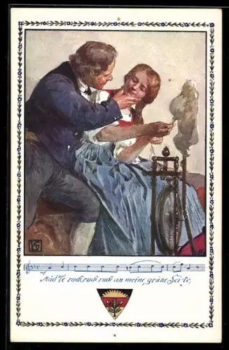 Künstler-AK Karl Friedrich Gsur, Deutscher Schulverein Nr. 366: Mann interessiert sich für hübsche Spinnerin