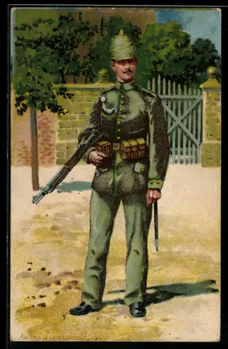 Künstler-AK Anton Hoffmann - München: deutscher Infanterist in Uniform mit Pickelhaube, Gewehr & Schützenschnur