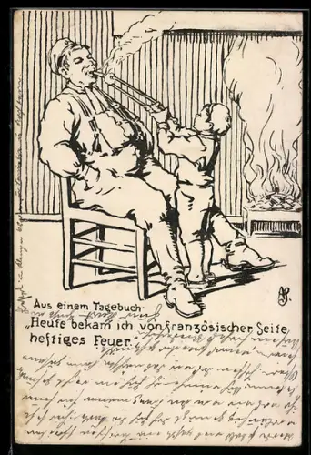Künstler-AK Aus dem Tagebuch eines Soldaten Heute bekam ich von französischer Seite heftiges Feuer
