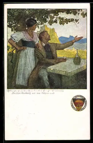 Künstler-AK Karl Friedrich Gsur: Deutscher Schulverein NR. 461: Mann erzählt der Bedienung von seinen Erlebnissen