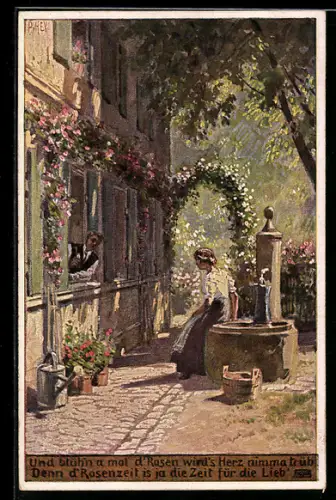 Künstler-AK P. Hey, Volksliederkarte Nr.: 48 Und blühn a mal d`Rosen, Mädchen am Brunnen sitzend, Mann am Fenster