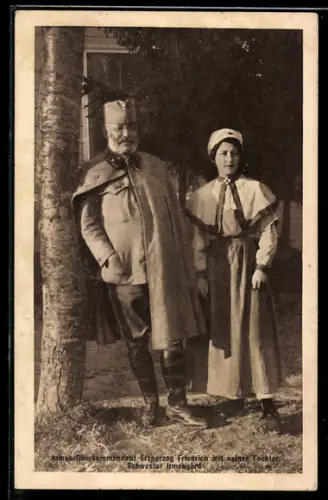 AK Armee-Oberkommandant Erzherzog Friedrich von Österreich mit seiner Tochter Rotes Kreuz-Schwester Irmengard