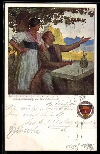 Künstler-AK Karl Friedrich Gsur: Deutscher Schulverein NR. 461: Mann erzählt der Bedienung von seinen Erlebnissen
