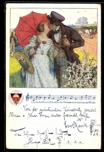 Künstler-AK K. F. Gsur, Deutscher Schulverein Nr. 20: Melodie und Text Und da küssten sich beid' in der Sommerzeit...
