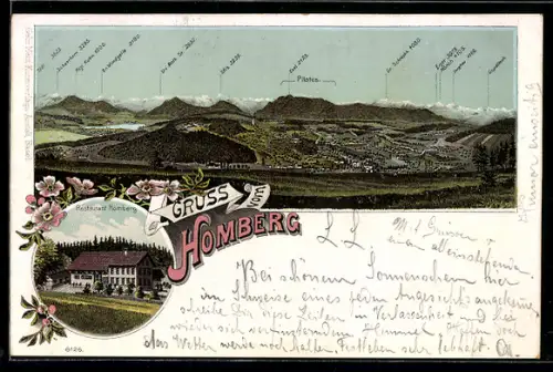 Lithographie Homberg, Restaurant Homberg, Panorama mit Rigi Kulm, Tödi und Pilatus