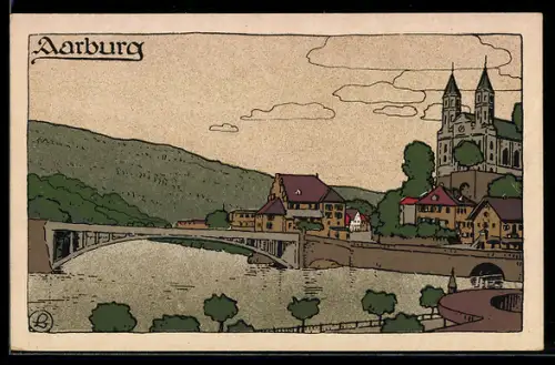 Steindruck-AK Aarburg, Ortsansicht mit Brücke und Kirche