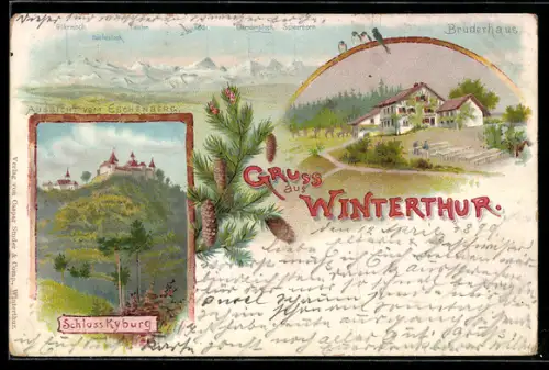Lithographie Winterthur, Schloss Kyburg, Bruderhaus, Aussicht vom Eschenberg