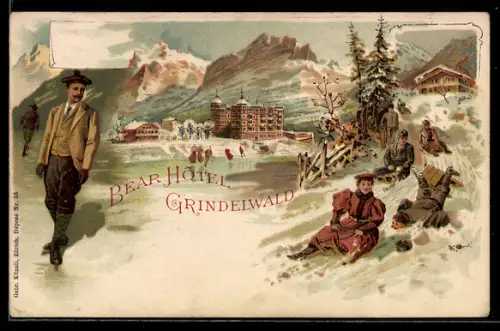 Lithographie Grindelwald, Bear Hotel u. Schlittenfahrer