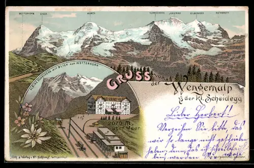 Lithographie Wengernalp, Kleine Scheidegg mit Blick auf Wetterhorn, Alpenpanorama m. Eiger, Mönch & Jungfrau