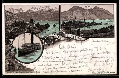 Lithographie Oberhofen, Ortsansicht, Blick auf Spiez, Dampfer auf dem Thunersee
