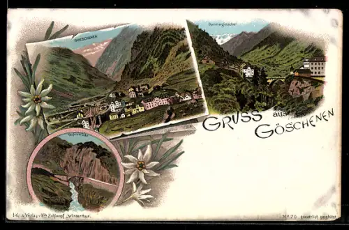 Lithographie Göschenen, Teufelsbrücke, Dammagletscher, Totalansicht