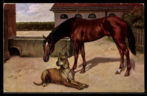 AK Dogge und Pferd vor einem Gehöft