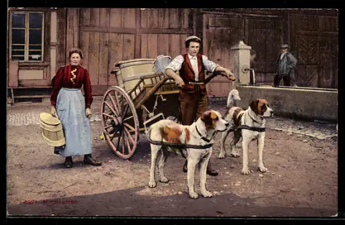 AK Junger Milchfuhrmann mit Hundegespann vorm Karren