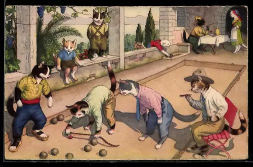 Künstler-AK Katzen spielen Boule