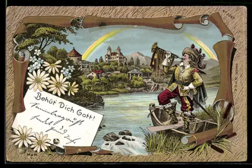 Lithographie Trompeter am Flussufer mit Regenbogen, Behüt Dich Gott!