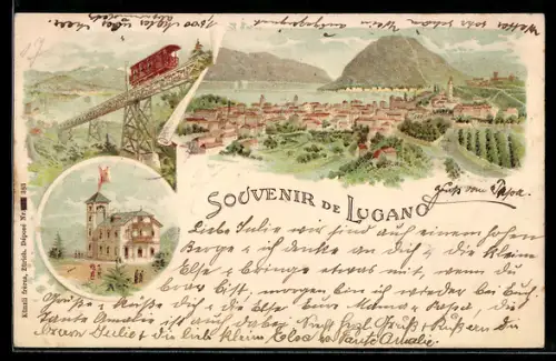 Lithographie Lugano, Totalansicht mit Bergbahn