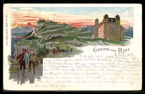Lithographie Rigi, Ortsansicht mit Wanderern im Sonnenuntergang