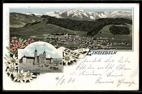 Lithographie Einsiedeln, Kloster, Panorama