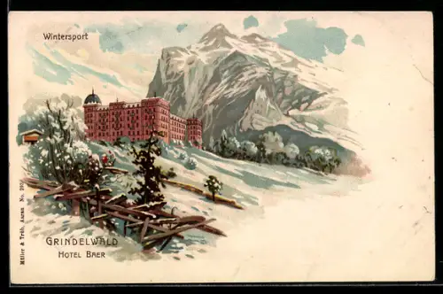 Winter-Lithographie Grindelwald, Blick auf das Hotel Baer