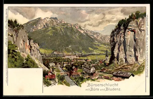 Künstler-Lithographie Otto Strützel: Bludenz, Bürserschlucht mit Bürs