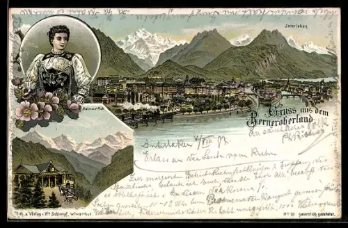 Lithographie Interlaken, Stadt mit Dampflokomotive auf Brücke, Wasser und Gebirge, Heimwehfluh, Frau in Tracht