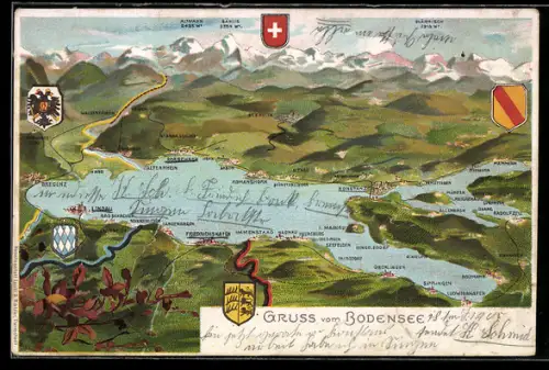 Lithographie Lindau /Bodensee, Übersichtskarte mit Städten Lindau, Bregenz, Konstanz
