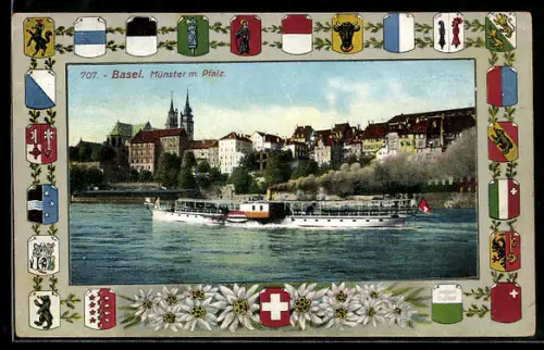 Passepartout-AK Basel, Münster mit Pfalz, Dampfer, versch. Wappen der Kantone