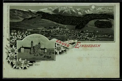 Mondschein-Lithographie Einsiedeln, Teilansicht, Kloster