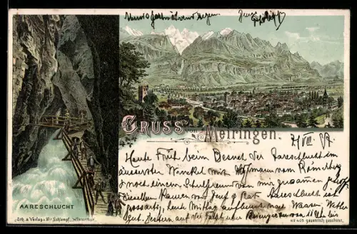 Lithographie Meiringen, Wanderer in der Aareschlucht, Totalansicht um 1900