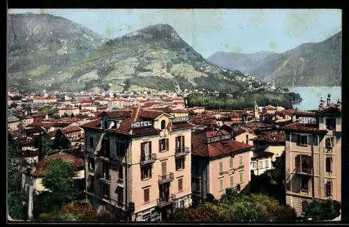 AK Lugano, Hotel Weisses Kreuz und Umgebung aus der Vogelschau