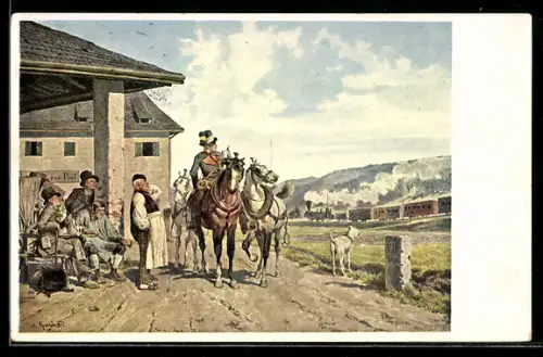 Künstler-AK Alois Greil: Postillon und Eisenbahn