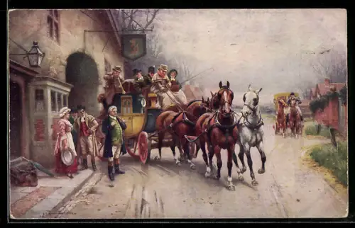Künstler-AK Sanderson-Wells: Old Times Coach leaving for Hatchetts, Postkutsche