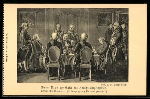 Künstler-AK Ziethen ist an der Tafel des Königs Friedrich II. (der Grosse) eingeschlafen