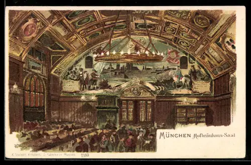 Künstler-AK Theodor Guggenberger: München, Hofbräuhaus-Saal, Innenansicht