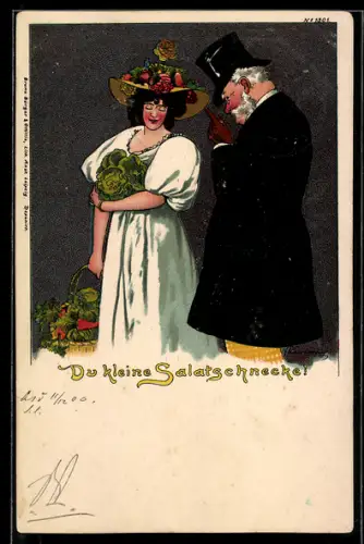 Künstler-AK Kleinhempel: Du kleine Salatschnecke!, Frau mit Salatköpfen neben ihrem Mann
