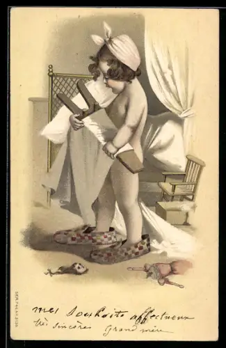 Lithographie Nackedei spielt mit dem Stiefelknecht und hat ihre Puppe geköpft