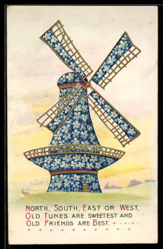 AK Idylle mit Windmühle aus Vergissmeinnicht, Blumenbild, Goldverzierung