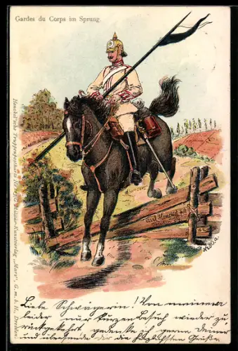 Künstler-AK sign. Carl Henckel: Soldat der Gardes du Corps im Sprung