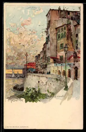 Künstler-Lithographie Manuel Wielandt: Menton, Häuser am Ufer