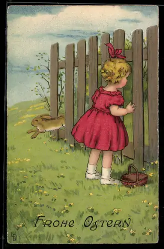 Künstler-AK Lia Döring: Mädchen schaut durch einen Zaun, Hase, Ostern