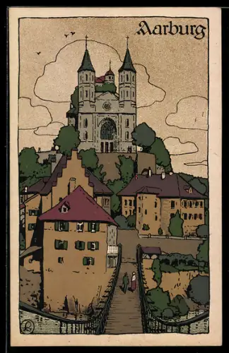 Steindruck-AK Aarburg, Blick zur Festung