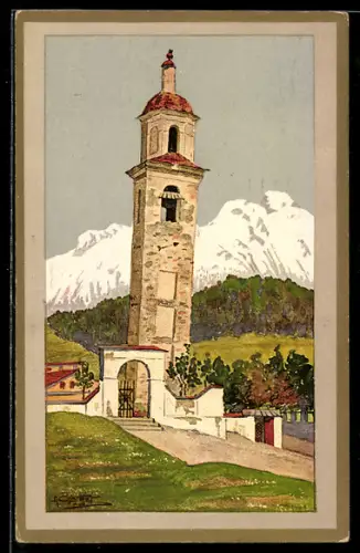 Künstler-AK St. Moritz, Schiefer Turm der abgebrochenen Mauritiuskirche
