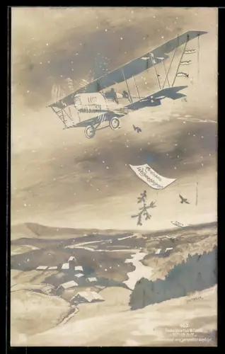 Foto-AK Sanke Nr. 403: Doppeldecker-Flugzeug wirft Weihnachtsgruss über verschneiter Landschaft ab