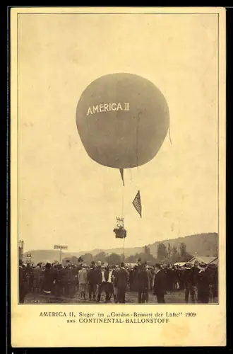 AK Fesselballon America II im Fluge 1909, Reklame für Continental-Ballonstoff