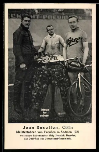 AK Cöln, Jean Rosellen, Meisterfahrer von Preussen und Sachsen 1921, Reklame Opel-Rad, Continental-Pneumatik
