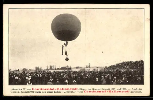 AK Fesselballon America II aus Continental-Ballonstoff, Sieger im Gordon-Bennett 1909 und 1910